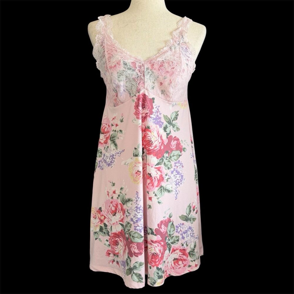 Flora Nikrooz Floral Nightgown Dress Size L Bridal Coquette Romance Lace Overlay